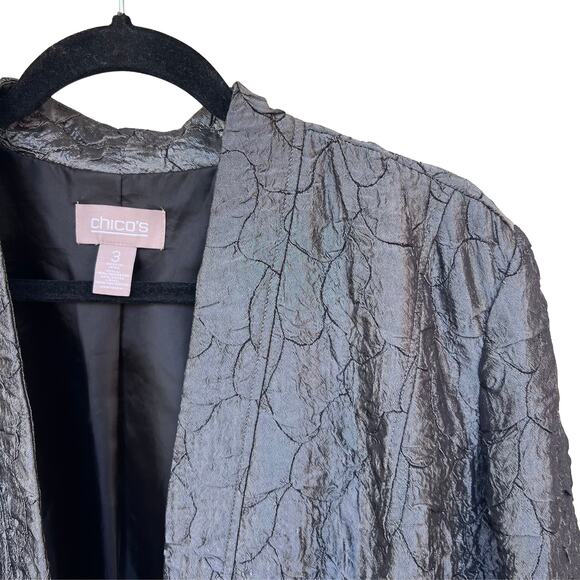 Chico's Metallic Crinkle Open Front Textured Jacket Gray Size 3 L Lined - Picture 5 of 5